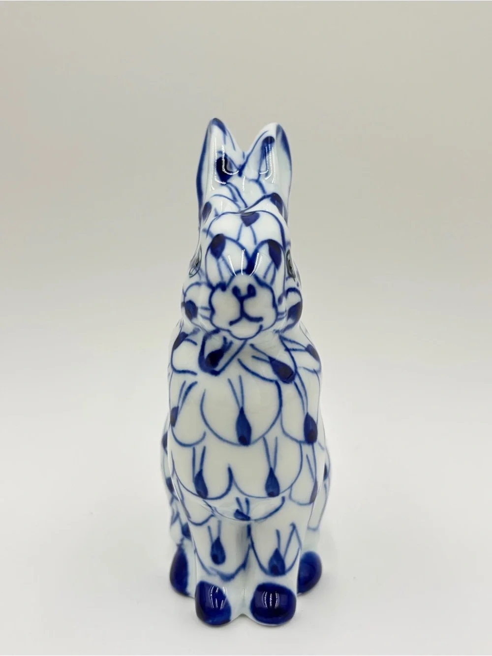 Andrea by Sadek Vintage Blue and White Fishnet Porcelain Bunny Rabbit Figurine